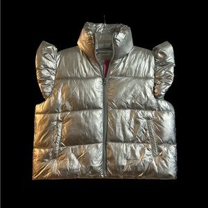 Silver Metallic Ruffle Sleeve Puffer Vest - Size XL/XXL